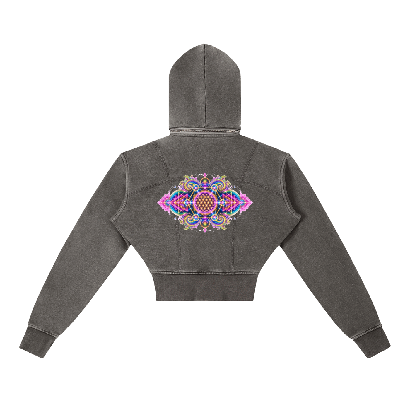 Flower of Life + Sri Yantra Sacred Geometry Vintage Washed Cropped Fleece Hoodie