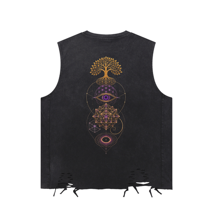 Stacked Sacred Geometry Snow Washed Raw-Hem Tank Top
