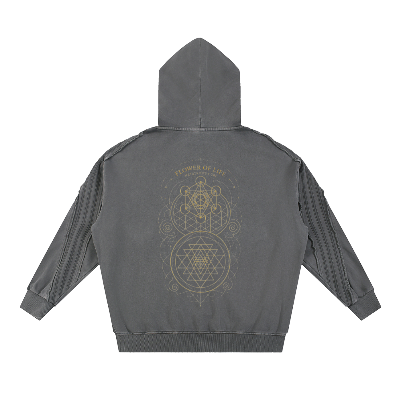 Metatron's Cube Flower of Life Snow Washed Tape Raw Edge Zip Hoodie