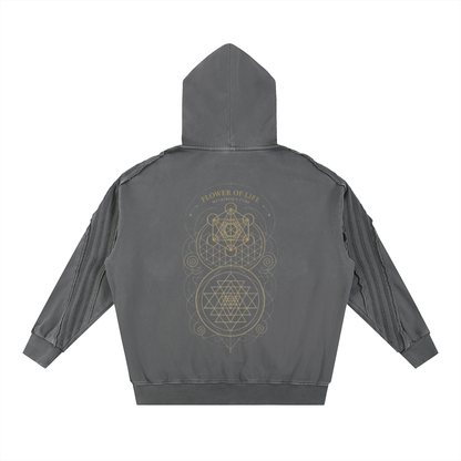 Metatron's Cube Flower of Life Snow Washed Tape Raw Edge Zip Hoodie