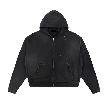Sacred Stacked Sun Fade Frayed Raw Edge Fleece Zip Hoodie