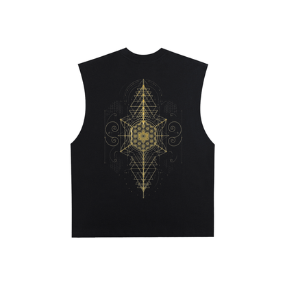 Sacred Geometry Black Raw Edge Cotton Tank Top