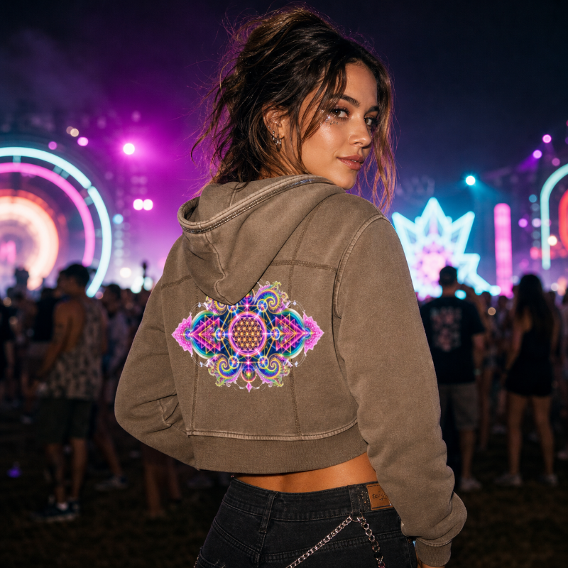 Flower of Life + Sri Yantra Sacred Geometry Vintage Washed Cropped Fleece Hoodie
