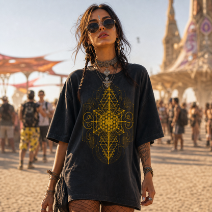 Center of Life Sacred Geometry Vintage Washed Oversized Cotton T-Shirt