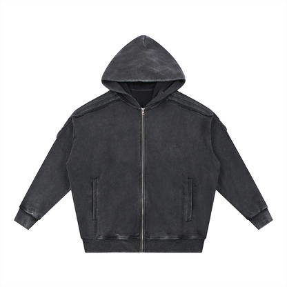 Metatron's Cube Flower of Life Snow Washed Tape Raw Edge Zip Hoodie