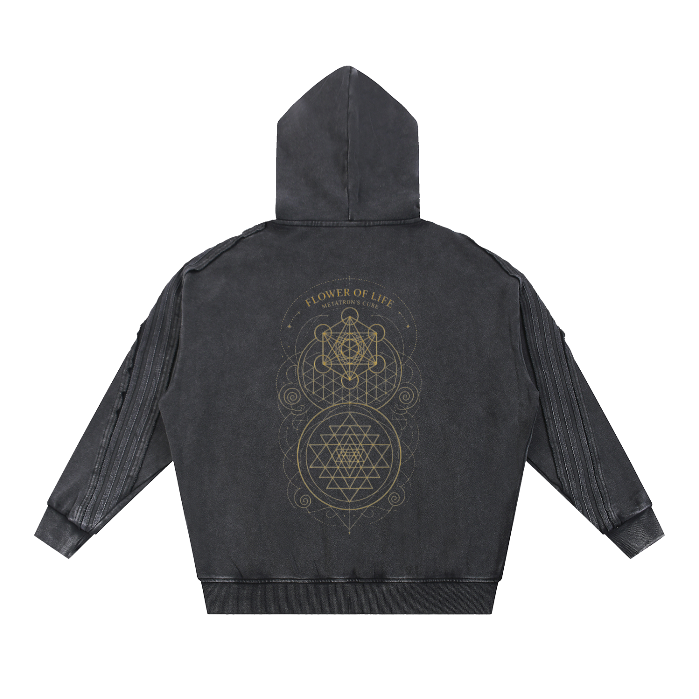 Metatron's Cube Flower of Life Snow Washed Tape Raw Edge Zip Hoodie
