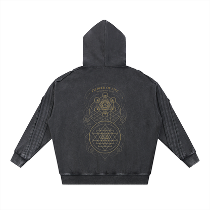 Metatron's Cube Flower of Life Snow Washed Tape Raw Edge Zip Hoodie