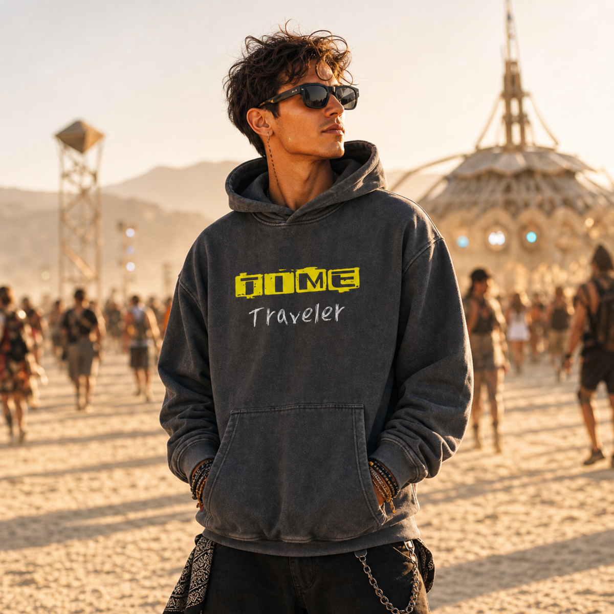 Time Traveler Sacred Geometry Snow Wash Fleece Oversize Hoodie