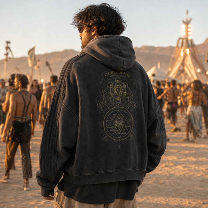 Metatron's Cube Flower of Life Snow Washed Tape Raw Edge Zip Hoodie