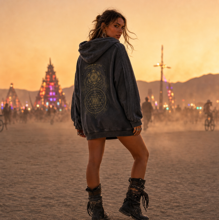 Metatron's Cube Flower of Life Snow Washed Tape Raw Edge Zip Hoodie