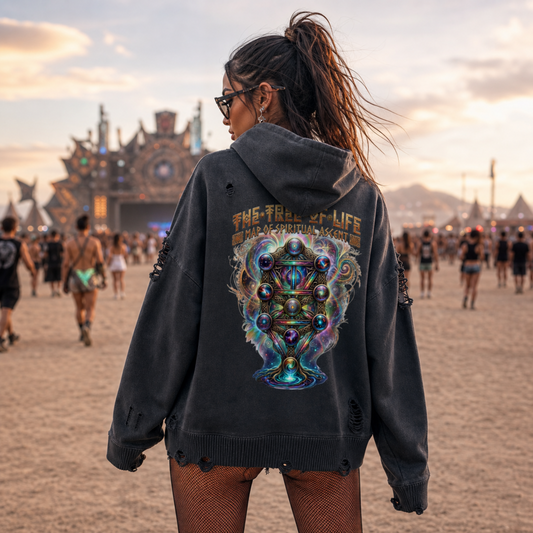 Tree of Life Map of Spiritual Ascent Sacred Geometry Distressed Full Zip Hoodie