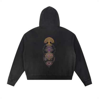 Sacred Stacked Sun Fade Frayed Raw Edge Fleece Zip Hoodie