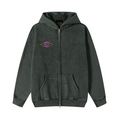 Sacred Stacked Purple Eye Snow Washed Zip-Up Fleece Hoodie
