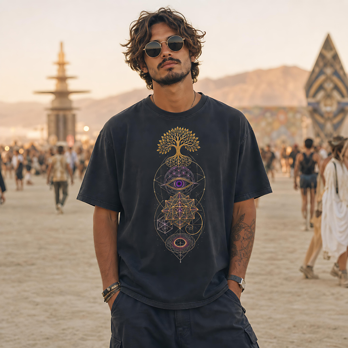 Sacred Geometry Stack Vintage Washed Oversized Cotton T-Shirt