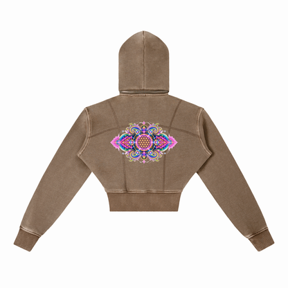 Flower of Life + Sri Yantra Sacred Geometry Vintage Washed Cropped Fleece Hoodie