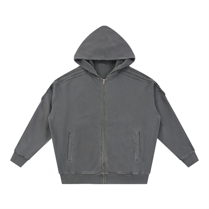 Metatron's Cube Flower of Life Snow Washed Tape Raw Edge Zip Hoodie