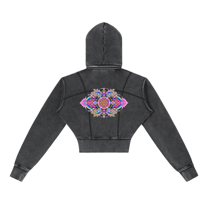 Flower of Life + Sri Yantra Sacred Geometry Vintage Washed Cropped Fleece Hoodie