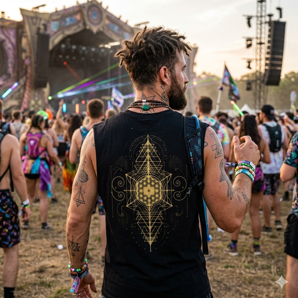 Sacred Geometry Black Raw Edge Cotton Tank Top