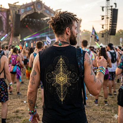 Sacred Geometry Black Raw Edge Cotton Tank Top