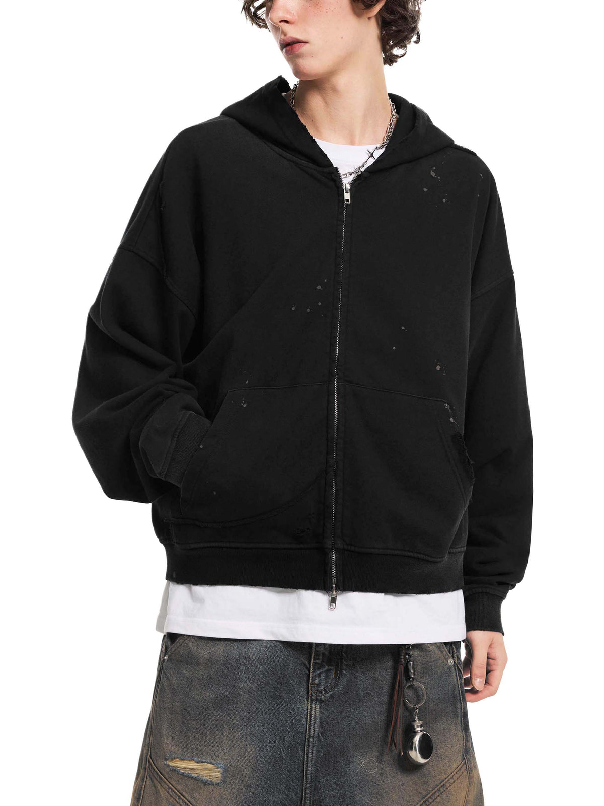 Sacred Stacked Sun Fade Frayed Raw Edge Fleece Zip Hoodie