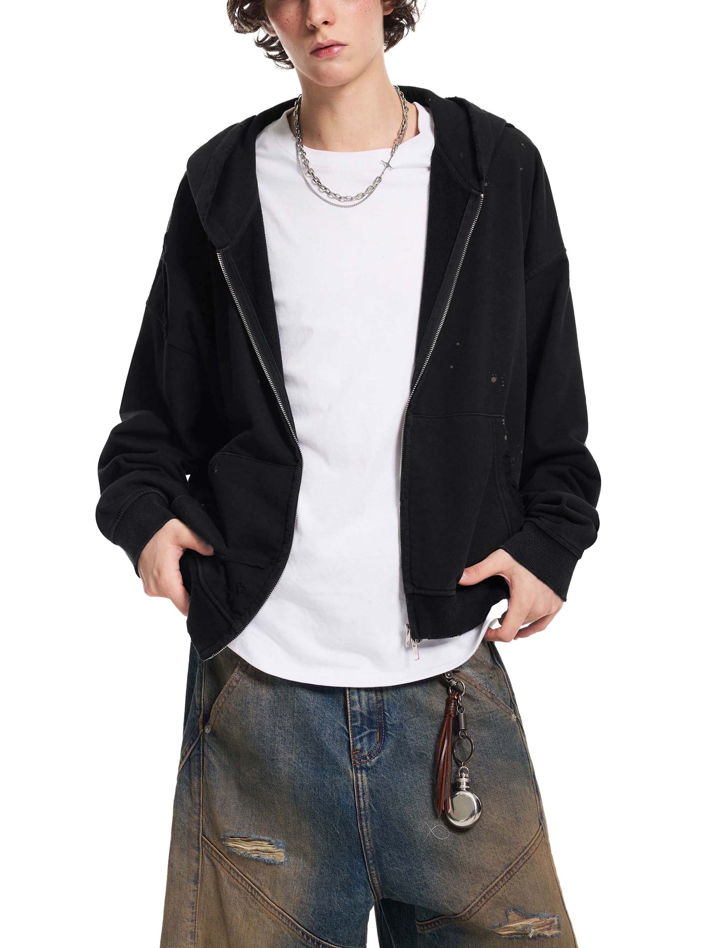 Sacred Stacked Sun Fade Frayed Raw Edge Fleece Zip Hoodie