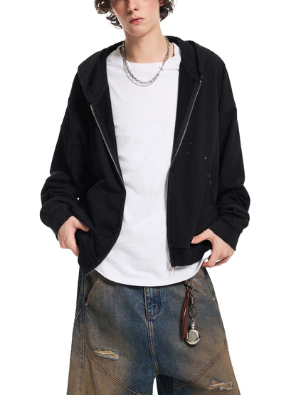Sacred Stacked Sun Fade Frayed Raw Edge Fleece Zip Hoodie